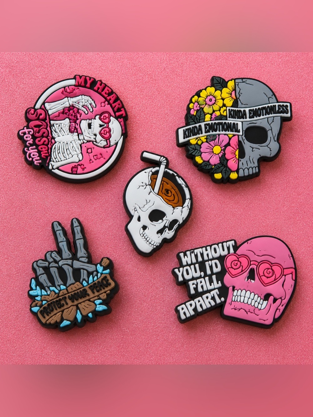 5pc CROCS Pink & Black Skull Jibbitz Shoe Charms Set